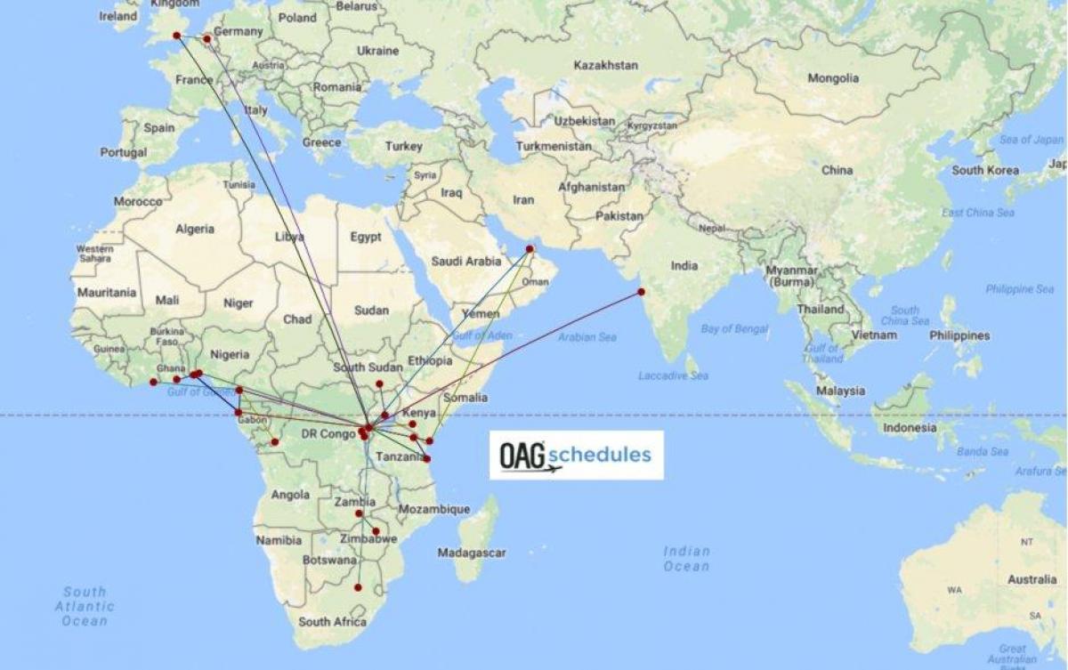 แผนที่ของ Rwandair เส้นทาง